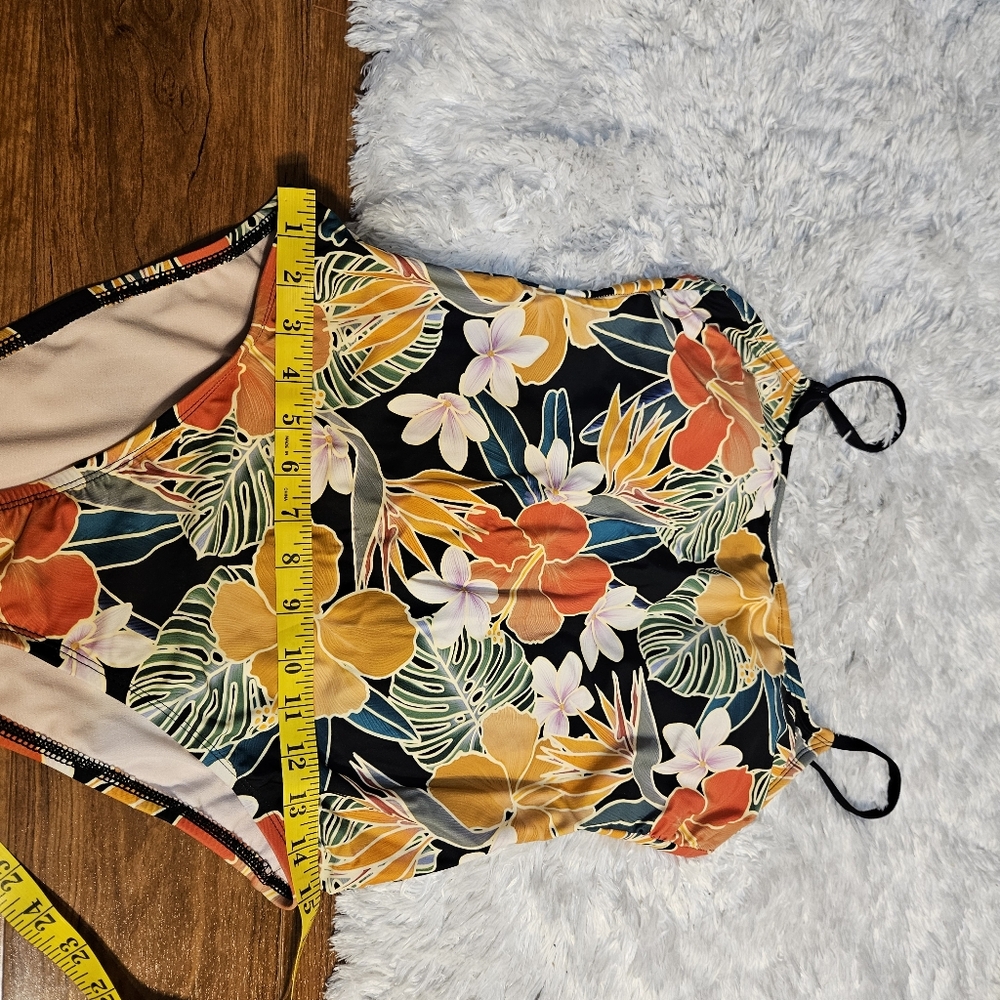 Floral‎ One Piece Swimsuit Tropical Print Black Orange Yellow Bathing Suit Sz L - Picture 13 of 16